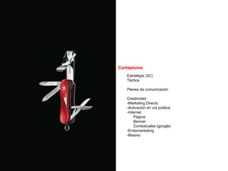 Cortapluma Estratégia (3C) Táctica Planes de comunicación Creatividad Marketing Directo Activación en vía pública Internet Página Banner Contextuales (google) Endomarketing Masivo 