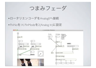 つまみフェーダ
• ロータリエンコーダをAnalog0へ接続
• PinNoを14, PinModeを2(Analog In)に設定




                         43
 