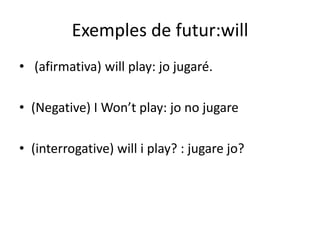 Exemples de futur:will
• (afirmativa) will play: jo jugaré.
• (Negative) I Won’t play: jo no jugare
• (interrogative) will i play? : jugare jo?
 