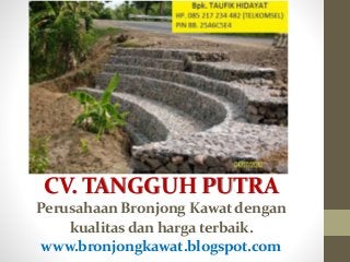 CV. TANGGUH PUTRA
Perusahaan Bronjong Kawatdengan
kualitasdan hargaterbaik.
www.bronjongkawat.blogspot.com
 