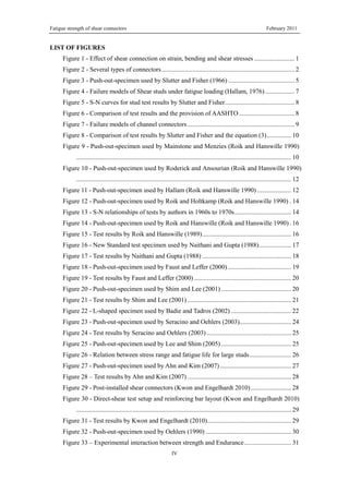 Fatigue strength of shear connectors February 2011
IV
LIST OF FIGURES
Figure 1 - Effect of shear connection on strain, bending and shear stresses ......................... 1 
Figure 2 - Several types of connectors.................................................................................. 2 
Figure 3 - Push-out-specimen used by Slutter and Fisher (1966) ......................................... 5 
Figure 4 - Failure models of Shear studs under fatigue loading (Hallam, 1976) .................. 7 
Figure 5 - S-N curves for stud test results by Slutter and Fisher........................................... 8 
Figure 6 - Comparison of test results and the provision of AASHTO .................................. 8 
Figure 7 - Failure models of channel connectors .................................................................. 9 
Figure 8 - Comparison of test results by Slutter and Fisher and the equation (3)............... 10 
Figure 9 - Push-out-specimen used by Mainstone and Menzies (Roik and Hanswille 1990)
..................................................................................................................................... 10 
Figure 10 - Push-out-specimen used by Roderick and Ansourian (Roik and Hanswille 1990)
..................................................................................................................................... 12 
Figure 11 - Push-out-specimen used by Hallam (Roik and Hanswille 1990) ..................... 12 
Figure 12 - Push-out-specimen used by Roik and Holtkamp (Roik and Hanswille 1990) . 14 
Figure 13 - S-N relationships of tests by authors in 1960s to 1970s................................... 14 
Figure 14 - Push-out-specimen used by Roik and Hanswille (Roik and Hanswille 1990) . 16 
Figure 15 - Test results by Roik and Hanswille (1989)....................................................... 16 
Figure 16 - New Standard test specimen used by Naithani and Gupta (1988).................... 17 
Figure 17 - Test results by Naithani and Gupta (1988) ....................................................... 18 
Figure 18 - Push-out-specimen used by Faust and Leffer (2000) ....................................... 19 
Figure 19 - Test results by Faust and Leffer (2000) ............................................................ 20 
Figure 20 - Push-out-specimen used by Shim and Lee (2001) ........................................... 20 
Figure 21 - Test results by Shim and Lee (2001) ................................................................ 21 
Figure 22 - L-shaped specimen used by Badie and Tadros (2002) ..................................... 22 
Figure 23 - Push-out-specimen used by Seracino and Oehlers (2003)................................ 24 
Figure 24 - Test results by Seracino and Oehlers (2003) .................................................... 25 
Figure 25 - Push-out-specimen used by Lee and Shim (2005) ........................................... 25 
Figure 26 - Relation between stress range and fatigue life for large studs.......................... 26 
Figure 27 - Push-out-specimen used by Ahn and Kim (2007)............................................ 27 
Figure 28 – Test results by Ahn and Kim (2007) ................................................................ 28 
Figure 29 - Post-installed shear connectors (Kwon and Engelhardt 2010)......................... 28 
Figure 30 - Direct-shear test setup and reinforcing bar layout (Kwon and Engelhardt 2010)
..................................................................................................................................... 29 
Figure 31 - Test results by Kwon and Engelhardt (2010).................................................... 29 
Figure 32 - Push-out-specimen used by Oehlers (1990) ..................................................... 30 
Figure 33 – Experimental interaction between strength and Endurance............................. 31 
 