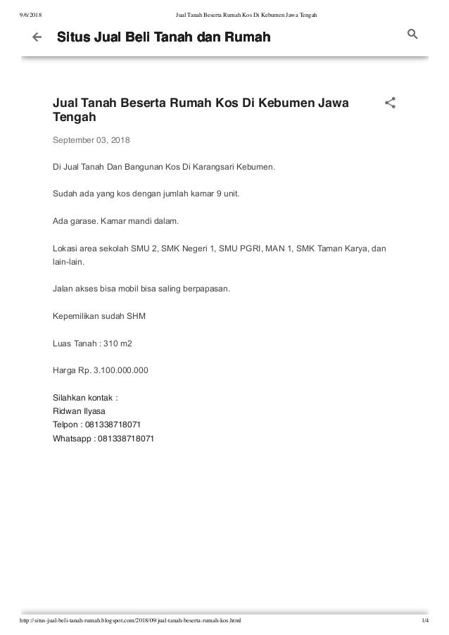 Jual Tanah Beserta Rumah Kos Di Kebumen Jawa Tengah