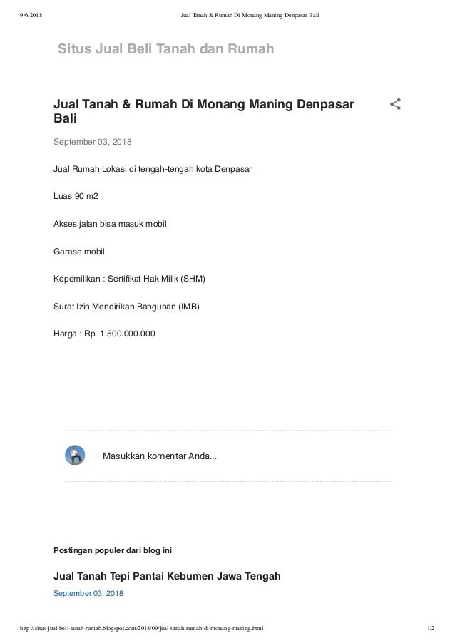 Jual Tanah Dan Rumah Di Kota Denpasar Monang Maning Denpasar Bali