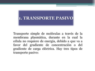 1. TRANSPORTE PASIVO


Transporte simple de moléculas a través de la
membrana plasmática, durante en la cual la
célula no requiere de energía, debido a que va a
favor del gradiente de concentración o del
gradiente de carga eléctrica. Hay tres tipos de
transporte pasivo:
 