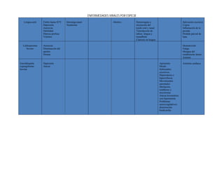 ENFERMEDADES VIRALES POR ESPECIE

   Lengua azul   Fiebre hasta 42°C   Descarga nasal                   Abortos        Hemorragias y                             Salivación excesiva
                 Depresión           Neumonía                                        ulceración del                            Cojera
                 Anorexia                                                            tejido oral y nasal                       Inflamación de la
                 Debilidad                                                           Tumefacción de                            pezuña
                 Diarrea profusa                                                     labios, lengua y                          Pérdida parcial de
                 Vómitos                                                             mandíbula                                 lana
                                                                                     Cianosis en lengua

  Linfosarcoma   Anorexia                                                                                                      Desnutrición
     bovino      Disminución del                                                                                               Fatiga
                 apetito                                                                                                       Mengua del
                 Disnea                                                                                                        rendimiento lácteo
                                                                                                                               Anemia

Encefalopatía    Depresión                                                                                 Aprensión           Arritmia cardiaca.
espongiforme     Ataxia                                                                                    Miedo
bovina                                                                                                     Sobresaltos
                                                                                                           excesivos
                                                                                                           Hiperestesia o
                                                                                                           hiperreflexia
                                                                                                           Movimientos
                                                                                                           anormales:
                                                                                                           fibrilación,
                                                                                                           temblores y
                                                                                                           mioclonias
                                                                                                           Ataxia locomotora
                                                                                                           con hipermetría
                                                                                                           Problemas
                                                                                                           neurovegetativos:
                                                                                                           disminución
                                                                                                           bradicardia.
 