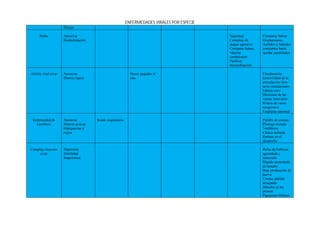 ENFERMEDADES VIRALES POR ESPECIE
                       Disnea

      Rabia            Anorexia                                                                 Inquietud          Constante babeo.
                       Deshidratación                                                           Complejo de        Ocultamiento.
                                                                                                ataque agresivo    Aullidos y ladridos
                                                                                                Constante babeo.   constantes hasta
                                                                                                Marcha             quedar paralizados.
                                                                                                tambaleante.
                                                                                                Parálisis.
                                                                                                Incoordinación.

Artritis viral aviar   Anorexia                                Heces pegadas al                                    Claudicación
                       Diarrea ligera                          ano                                                 Inmovilidad de la
                                                                                                                   articulación tibio-
                                                                                                                   tarso-metatarsiano
                                                                                                                   Edema sero-
                                                                                                                   fibrinosas de las
                                                                                                                   vainas sinoviales
                                                                                                                   Rotura de vasos
                                                                                                                   sanguíneos
                                                                                                                   Emplume anormal

 Enfermedad de         Anorexia         Ruido respiratorio                                                         Palidéz de crestas
   Gumboro             Diarrea acuosa                                                                              Plumaje erizado
                       blanquecina o                                                                               Temblores
                       rojiza                                                                                      Cloaca inchada
                                                                                                                   Retraso en el
                                                                                                                   desarrollo

Complejo leucosis      Depresión                                                                                   Bolsa de Fabricio
     aviar             Debilidad                                                                                   agrandada y
                       Inapetencia                                                                                 tumorada
                                                                                                                   Hígado aumentado
                                                                                                                   de tamaño
                                                                                                                   Baja producción de
                                                                                                                   huevo
                                                                                                                   Crestas pálidas
                                                                                                                   arrugadas
                                                                                                                   Mancha en las
                                                                                                                   plumas
                                                                                                                   Pigmentos biliares
 