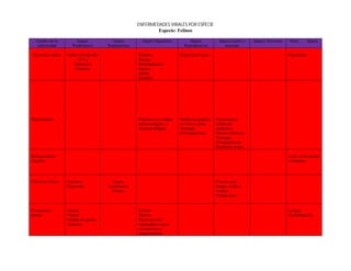 ENFERMEDADES VIRALES POR ESPECIE
                                                                   Especie: Felinos

  Nombre de la             Signos            Signos          Signos Digestivos         Signos           Signos en piel y   Signos Nerviosos    Otros       Signos
  enfermedad            Prodrómicos        Respiratorios                            Reproductivos          mucosas

 Parvovirus felino   Fiebre elevada (40-                   Vómitos.               Infección en útero                                          Hipotermia
                           41°C)                           Diarrea.
                         Depresión.                        Deshidratación
                         Anorexia.                         intensa      y
                                                           rápida.
                                                           Enteritis.




Papilomatosis                                              Papiloma en esófago,   Papilomas grandes    Proyecciones
                                                           surco esofágico e      en vulva y pene      sólidas de
                                                           intestino delgado      Verrugas             epidermis
                                                                                  Fibropapilomas       Micosis dérmicas
                                                                                                       Verrugas
                                                                                                       Fibropapilomas
                                                                                                       Papilomas orales

Enfermedad de                                                                                                                                 Letal, no da tiempo
Aujezky                                                                                                                                       a síntomas




Calcivirus felino    Anorexia.               Signos                                                    Úlceras en la
                     Depresión.            neumónicos.                                                 lengua, orales y
                                             Disnea.                                                   nasales.
                                                                                                       Paladar duro.


Coronavirus          Diarrea                               Vómito                                                                             Letargo
canino               Vómito                                Diarrea                                                                            Deshidratación
                     Pérdida de apetito.                   Heces de color
                     Anorexia                              anaranjado a veces
                                                           con mal olor y
                                                           sanguinolentas
 