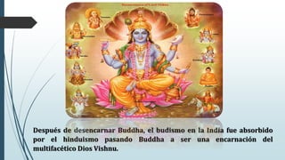 Después de desencarnar Buddha, el budismo en la India fue absorbido
por el hinduismo pasando Buddha a ser una encarnación del
multifacético Dios Vishnu.
 