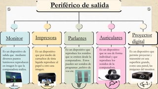 Periférico de salida
Monitor Impresora Parlantes Auriculares
Proyector
digital
Es un dispositivo de
salida que mediante
diversos puntos
luminosos reproducen
en imagen lo que la
computadora realiza.
Es un dispositivo
que por medio de
cartuchos de tinta
liquida reproduce al
papel u otro una
imagen.
Es un dispositivo que
reproduce los sonidos
que se emiten desde la
computadora . Estos
pueden ser sonidos de
programas ,archivo de
voz etc.
Es un dispositivo
que se usa de forma
individual y que
reproduce los
sonidos de la
computadora.
Es un dispositivo que
permite proyectar y
transmitir en una
superficie grande,
como una pared, las
imágenes del monitor.
 