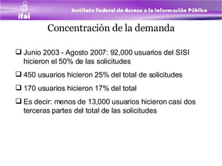 Concentración de la demanda Junio 2003 - Agosto 2007: 92,000 usuarios del SISI hicieron el 50% de las solicitudes 450 usuarios hicieron 25% del total de solicitudes  170 usuarios hicieron 17% del total  Es decir: menos de 13,000 usuarios hicieron casi dos terceras partes del total de las solicitudes   