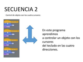 SECUENCIA 2
Control de objeto con los cuatro cursores
En este programa
aprendimos
a controlar un objeto con los
cursores
del teclado en las cuatro
direcciones.
 