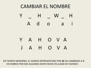 CAMBIAR EL NOMBRE
            Y     _ H             _ W _ H
                  A d             o   a i

            Y      A       H      O V A
            J      A       H      O V A

EN TIEMPO MODERNO, EL SONIDO REPRESENTADO POR W HA CAMBIADO A V
   EN HEBREO POR ESO ALGUNOS DICEN YAHVE EN LUGAR DE YAHWEH.
 