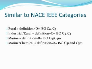 Similar to NACE IEEE Categories
Rural + definition=D= ISO C2, C3
Industrial/Rural + definition=C= ISO C3, C4
Marine + definition=B= ISO C4/C5m
Marine/Chemical + definition=A= ISO C5i and C5m
 