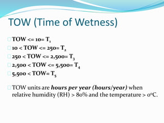 TOW (Time of Wetness)
TOW <= 10= T1
10 < TOW <= 250= T2
250 < TOW <= 2,500= T3
2,500 < TOW <= 5,500= T4
5,500 < TOW= T5
TOW units are hours per year (hours/year) when
relative humidity (RH) > 80% and the temperature > 0oC.
 