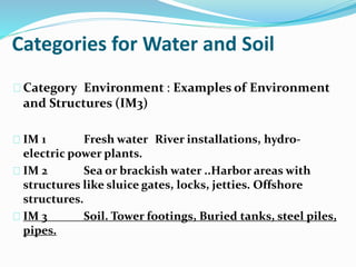 Categories for Water and Soil
Category Environment : Examples of Environment
and Structures (IM3)
IM 1 Fresh water River installations, hydro-
electric power plants.
IM 2 Sea or brackish water ..Harbor areas with
structures like sluice gates, locks, jetties. Offshore
structures.
IM 3 Soil. Tower footings, Buried tanks, steel piles,
pipes.
 