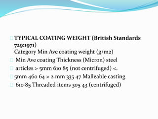 TYPICAL COATING WEIGHT (British Standards
729:1971)
Category Min Ave coating weight (g/m2)
Min Ave coating Thickness (Micron) steel
articles > 5mm 610 85 (not centrifuged) <.
5mm 460 64 > 2 mm 335 47 Malleable casting
610 85 Threaded items 305 43 (centrifuged)
 