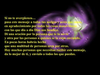 Si no te avergüenza…  pasa este mensaje a todos tus amigos y seres que amas,  en agradecimiento por todas las cosas maravillosas  con las que día a día Dios nos bendice.  Di una oración por la persona que te la envió  y otra por las personas a quienes se la estas enviando.  En pocas horas habrás hecho  que una multitud de personas oren por otras. Hay muchas personas que necesitan recibir este mensaje,  da lo mejor de ti, y envíalo a todos los que puedas. 