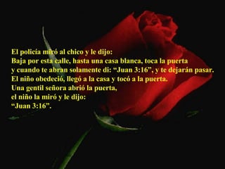 El policía miró al chico y le dijo:  Baja por esta calle, hasta una casa blanca, toca la puerta  y cuando te abran solamente di: “Juan 3:16”, y te dejarán pasar.  El niño obedeció, llegó a la casa y tocó a la puerta.  Una gentil señora abrió la puerta,  el niño la miró y le dijo: “ Juan 3:16”.   