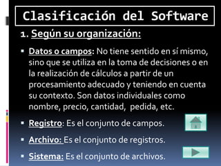 Clasificación del Software
1. Según su organización:
 Datos o campos: No tiene sentido en sí mismo,
sino que se utiliza en la toma de decisiones o en
la realización de cálculos a partir de un
procesamiento adecuado y teniendo en cuenta
su contexto. Son datos individuales como
nombre, precio, cantidad, pedida, etc.
 Registro: Es el conjunto de campos.
 Archivo: Es el conjunto de registros.
 Sistema: Es el conjunto de archivos.
 