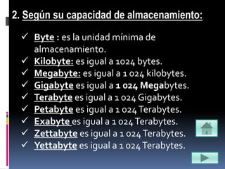  Byte : es la unidad mínima de
almacenamiento.
 Kilobyte: es igual a 1024 bytes.
 Megabyte: es igual a 1 024 kilobytes.
 Gigabyte es igual a 1 024 Megabytes.
 Terabyte es igual a 1 024 Gigabytes.
 Petabyte es igual a 1 024Terabytes.
 Exabyte es igual a 1 024Terabytes.
 Zettabyte es igual a 1 024Terabytes.
 Yettabyte es igual a 1 024Terabytes.
2. Según su capacidad de almacenamiento:
 