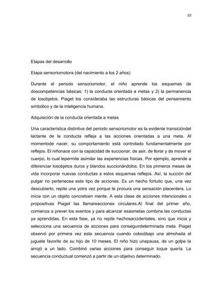 10

Etapas del desarrollo
Etapa sensoriomotora (del nacimiento a los 2 años)
Durante

el

periodo

sensoriomotor,

el

niño

aprende

los

esquemas de

doscompetencias básicas: 1) la conducta orientada a metas y 2) la permanencia
de losobjetos. Piaget los consideraba las estructuras básicas del pensamiento
simbólico y de la inteligencia humana.
Adquisición de la conducta orientada a metas
Una característica distintiva del periodo sensoriomotor es la evidente transicióndel
lactante de la conducta refleja a las acciones orientadas a una meta. Al
momentode nacer, su comportamiento está controlado fundamentalmente por
reflejos. El niñonace con la capacidad de succionar, de asir, de llorar y de mover el
cuerpo, lo cual lepermite asimilar las experiencias físicas. Por ejemplo, aprende a
diferenciar losobjetos duros y blandos succionándolos. En los primeros meses de
vida incorporar nuevas conductas a estos esquemas reflejos. Así, la succión del
pulgar no pertenecea este tipo de acciones. Es un hecho fortuito que, una vez
descubierto, repite una yotra vez porque le procura una sensación placentera. Lo
inicia con un objeto concretoen mente. A esta clase de acciones intencionales o
propositivas Piaget las llamareacciones circulares.Al final del primer año,
comienza a prever los eventos y para alcanzar esasmetas combina las conductas
ya aprendidas. En esta fase, ya no repite hechosaccidentales, sino que inicia y
selecciona una secuencia de acciones para conseguirdeterminada meta. Piaget
observó por primera vez esta secuencia cuando colocóbajo una almohada el
juguete favorito de su hijo de 10 meses. El niño hizo unapausa, de un golpe la
arrojó a un lado. Combinó varias acciones para conseguir loque quería. La
secuencia conductual comenzó a partir de un objetivo determinado.

 