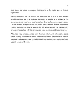 20

este caso, las letras pertenecen efectivamente a la sílaba que se intenta
representar.
Silábico-alfabética: Es un período de transición en el que el niño trabaja
simultáneamente con dos hipótesis diferentes: la silábica y la alfabética. Se
comienzan a usar más letras para la escritura de una sílaba, pero no para otras.
De esta manera, mariposa puede ser escrita como "maipoa". Si bien, obviamente
no está escrito correctamente ya que hay dos letras omitidas, se considera un
avance en la escritura del niño con respecto a sus escrituras silábicas anteriores.
Alfabética: Hay correspondencia entre fonemas y letras. El niño escribe como
habla. Es muy probable que el niño presente dificultades ortográficas en las que
trabajará e irá avanzando de forma individual, interactuando con sus compañeros
y con la ayuda del docente.

 