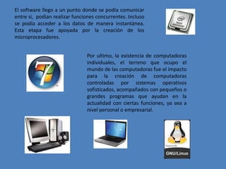 El software llego a un punto donde se podía comunicar entre si,  podían realizar funciones concurrentes. Incluso se podía acceder a los datos de manera instantánea. Esta etapa fue apoyada por la creación de los microprocesadores.Por ultimo, la existencia de computadoras individuales, el terreno que ocupo el mundo de las computadoras fue el impacto para la creación de computadoras controladas por sistemas operativos sofisticados, acompañados con pequeños o grandes programas que ayudan en la actualidad con ciertas funciones, ya sea a nivel personal o empresarial.