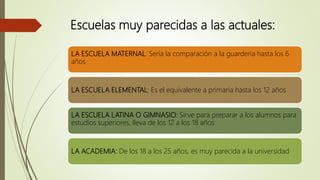 Escuelas muy parecidas a las actuales:
LA ESCUELA MATERNAL: Sería la comparación a la guardería hasta los 6
años
LA ESCUELA ELEMENTAL: Es el equivalente a primaria hasta los 12 años
LA ESCUELA LATINA O GIMNASIO: Sirve para preparar a los alumnos para
estudios superiores, lleva de los 12 a los 18 años
LA ACADEMIA: De los 18 a los 25 años, es muy parecida a la universidad
 
