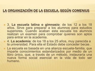 LA ORGANIZACIÓN DE LA ESCUELA, SEGÚN COMENIUS 
 3. La escuela latina o gimnasio: de los 12 a los 18 
años. Sirve para preparar a los alumnos para estudios 
superiores. Cuando acaban esta escuela los alumnos 
realizan un examen para comprobar quienes son aptos 
para entrar en la academia. 
 4. La academia: de los 18 a los 25 años, muy parecida a 
la universidad. Para ella el Estado debe conceder becas . 
 La escuela es basada en una alianza escuela-familia, que 
imparte conocimientos estandarizados por medio de un 
libro único, que, a través de un método, instauraría una 
nueva forma social esencial en la vida de todo ser 
humano. 
