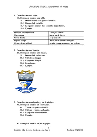UNIVERSIDAD REGIONAL AUTONOMA DE LOS ANDES
4
Dirección: Cdla. Cemento Chimborazo mz. A cs. 13 Teléfono:0992762490
1. Como insertar una tabla.
1.1. Pasos para insertar una tabla.
1.1.1. Damos un clic en la pestaña insertar.
1.1.2. Damos click en tabla.
1.1.3. Escogemos cuantas filas y cuantas necesitemos.
1.1.4. Ejemplo.
Trabajos en computador Trabajos a mano
Mas rapidez No se puede borrar
Mejor diseño Muy cansado
Se gana tiempo No se puede editar o arreglar
Mejor edición al final Mucho tiempo se demora en realizar
2. Como insertar una imagen.
2.1. Pasos para insertar una imagen.
2.1.1. Damos click en insertar
2.1.2. Click icono imagen
2.1.3. Escogemos imagen
2.1.4. La editamos
2.1.5. Ejemplo.
3. Como insertar encabezados y pie de páginas.
3.1. Pasos para insertar un encabezado.
3.1.1. Vamos a la pestaña insertar.
3.1.2. Click en el icono encabezado.
3.1.3. Escojemos un encabezado.
3.1.4. Ejemplo.
3.2. Pasos para insertar un pie de pagina.
 