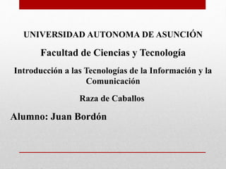 UNIVERSIDAD AUTONOMA DE ASUNCIÓN
Facultad de Ciencias y Tecnología
Introducción a las Tecnologías de la Información y la
Comunicación
Raza de Caballos
Alumno: Juan Bordón
 