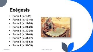 Exégesis
• Parte 1 (v. 1-11)
• Parte 2 (v. 12-16)
• Parte 3 (v. 17-20)
• Parte 4 (v. 21-29)
• Parte 5 (v. 30-36)
• Parte 6 (v. 37-40)
• Parte 7 (v. 41-47)
• Parte 8 (v. 48-53)
• Parte 9 (v. 54-59)
21/09/2023 JUAB CAPITULO 8 2
 