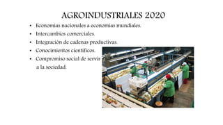 AGROINDUSTRIALES 2020
• Economías nacionales a economías mundiales.
• Intercambios comerciales.
• Integración de cadenas productivas.
• Conocimientos científicos.
• Compromiso social de servir
a la sociedad.
 