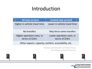 Introduction
Operación “Carretera” Operación Expresa
Higher in-vehicle travel time Lower in-vehicle travel time
No transfers May force some transfers
Higher operation costs, in
terms of $/Km
Lower operation costs, in
terms of $/Km
Other aspects: capacity, comfort, accessibility, etc.
Limited stop servicesAll stop services
*Jointly operated with all stop services,
assuming a constant fleet size.
*
 