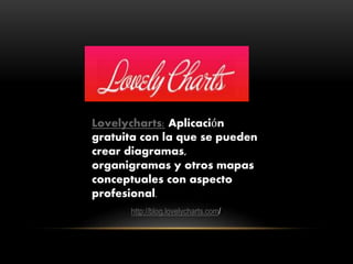 Lovelycharts: Aplicación
gratuita con la que se pueden
crear diagramas,
organigramas y otros mapas
conceptuales con aspecto
profesional.
http://blog.lovelycharts.com/
 