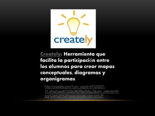 Creately: Herramienta que
facilita la participación entre
los alumnos para crear mapas
conceptuales, diagramas y
organigramas.
http://creately.com/?utm_expid=97524927-
31.shoaUww6TzGbUNDRlpd3Ag.0&utm_referrer=ht
tps%3A%2F%2Fwww.google.com.co%2F
 