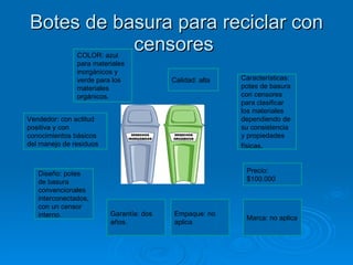 Botes de basura para reciclar con censores  Vendedor: con actitud positiva y con conocimientos básicos del manejo de residuos COLOR: azul para materiales inorgánicos y verde para los materiales orgánicos. Calidad: alta  Características: potes de basura con censores para clasificar los materiales dependiendo de su consistencia y propiedades físicas . Diseño: potes de basura convencionales interconectados, con un censor interno. Empaque: no aplica Marca: no aplica Precio: $100.000 Garantía: dos años.  