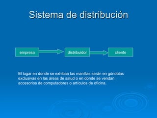 Sistema de distribución empresa distribuidor cliente El lugar en donde se exhiban las manillas serán en góndolas exclusivas en las áreas de salud o en donde se vendan accesorios de computadores o artículos de oficina. 