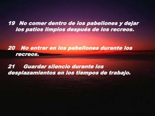   No comer dentro de los pabellones y dejar los patios limpios después de los recreos.   No entrar en los pabellones durante los recreos.21     Guardar silencio durante los desplazamientos en los tiempos de trabajo.
