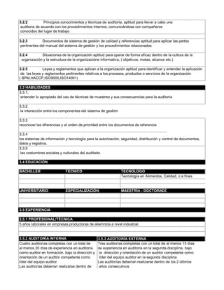 3.2.2          Principios conocimientos y técnicas de auditoria, aptitud para llevar a cabo una
 auditoria de acuerdo con los procedimientos internos, comunicándose con compañeros
 conocidos del lugar de trabajo

3.2.3         Documentos de sistema de gestión de calidad y referencias aptitud para aplicar las partes
 pertinentes del manual del sistema de gestión y los procedimientos relacionados

3.2.4        Situaciones de la organización aptitud para operar de forma eficaz dentro de la cultura de la
 organización y la estructura de la organizacióne informativa, ( objetivos, metas, alcance etc.)

3.2.5         Leyes y reglamentos que aplican a la organización aptitud para identificar y entender la aplicación
 de las leyes y reglamentos pertinentes relativos a los procesos, productos o servicios de la organización
( BPM,HACCP,ISO9000,ISO14001)

3.3 HABILIDADES
3.3.1,
 entender lo apropiado del uso de técnicas de muestreo y sus consecuencias para la auditoría

3.3.2
 la interacción entre los componentes del sistema de gestión

3.3.3
reconocer las diferencias y el orden de prioridad entre los documentos de referencia

3.3.4
los sistemas de información y tecnología para la autorización, seguridad, distribución y control de documentos,
datos y registros.
3.3.5
 las costumbres sociales y culturales del auditado.

3.4 EDUCACIÓN

BACHILLER                   TÉCNICO                            TECNOLOGO
                                                               Tecnología en Alimentos, Calidad, o a fines


UNIVERSITARIO               ESPECIALIZACIÓN                    MAESTRÍA - DOCTORADO




3.5 EXPERIENCIA

3.5.1 PROFESIONAL/TÉCNICA
5 años laborales en empresas productoras de aliemntos a nivel industrial.


3.5.2 AUDITORÍA INTERNA                          3.5.3 AUDITORÍA EXTERNA
Cuatro auditorías completas con un total de      Tres auditorías completas con un total de al menos 15 días
al menos 20 días de experiencia en auditoría     de experiencia en auditoría en la segunda disciplina, bajo
como auditor en formación, bajo la dirección y    la dirección y orientación de un auditor competente como
orientación de un auditor competente como         líder del equipo auditor en la segunda disciplina
líder del equipo auditor.                        Las auditorías deberían realizarse dentro de los 2 últimos
Las auditorías deberían realizarse dentro de      años consecutivos
 