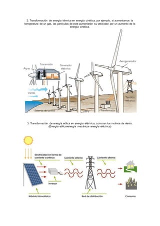 2: Transformación de energía térmica en energía cinética, por ejemplo, si aumentamos la
temperatura de un gas, las partículas de este aumentarán su velocidad por un aumento de la
energía cinética.
3: Transformación de energía eólica en energía eléctrica, como en los molinos de viento.
(Energía eólica-energía mecánica- energía eléctrica)
 