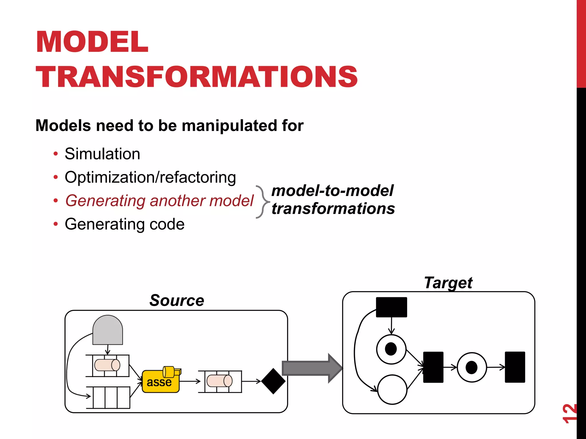 MODEL
TRANSFORMATIONS
Models need to be manipulated for
• Simulation
• Optimization/refactoring
• Generating another model
• Generating code
Source
Target
12
model-to-model
transformations
 