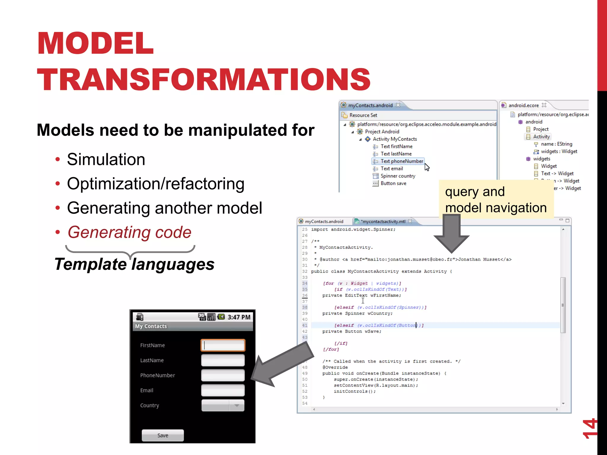 MODEL
TRANSFORMATIONS
Models need to be manipulated for
• Simulation
• Optimization/refactoring
• Generating another model
• Generating code
14
Template languages
query and
model navigation
 