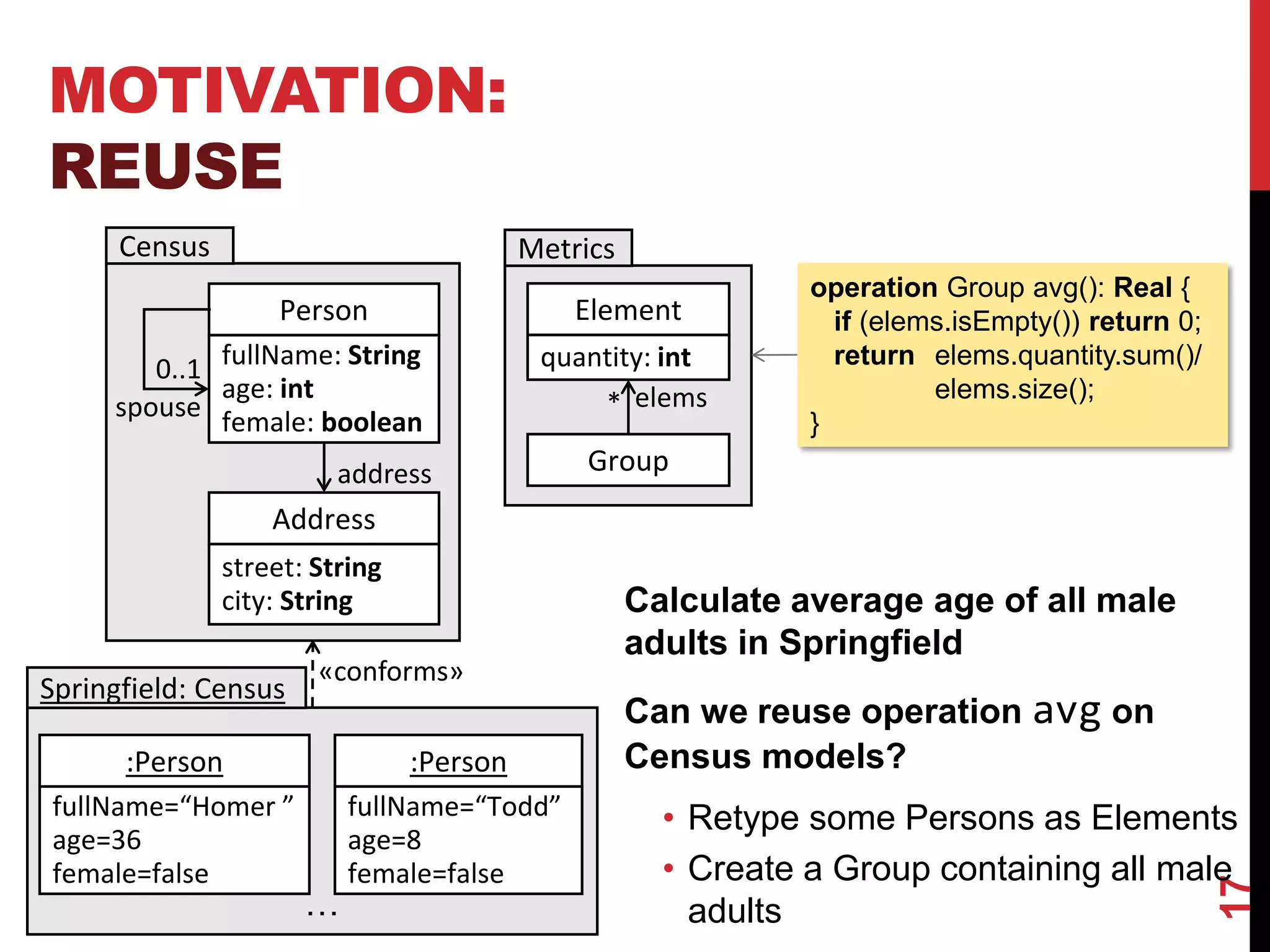MOTIVATION:
REUSE
17
Person
fullName: String
age: int
female: boolean
Address
street: String
city: String
address
spouse
0..1
Census
:Person
fullName=“Homer ”
age=36
female=false
Group
Element
quantity: int
elems
Metrics
*
operation Group avg(): Real {
if (elems.isEmpty()) return 0;
return elems.quantity.sum()/
elems.size();
}
:Person
fullName=“Todd”
age=8
female=false
…
Springfield: Census
«conforms»
Calculate average age of all male
adults in Springfield
Can we reuse operation avg on
Census models?
• Retype some Persons as Elements
• Create a Group containing all male
adults
 