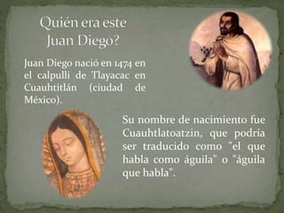 Juan Diego nació en 1474 en
el calpulli de Tlayacac en
Cuauhtitlán (ciudad de
México).
Su nombre de nacimiento fue
Cuauhtlatoatzin, que podría
ser traducido como "el que
habla como águila" o "águila
que habla".
 