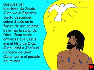 Después del
bautismo de Jesús,
Juan vio al Espíritu
Santo descender
sobre Jesús en la
forma de una paloma.
Esto fue la señal de
Dios. Juan sabía
entonces que Jesús
era el Hijo de Dios.
Juan llamó a Jesús el
Cordero de Dios
Quien quita el pecado
del mundo.
 