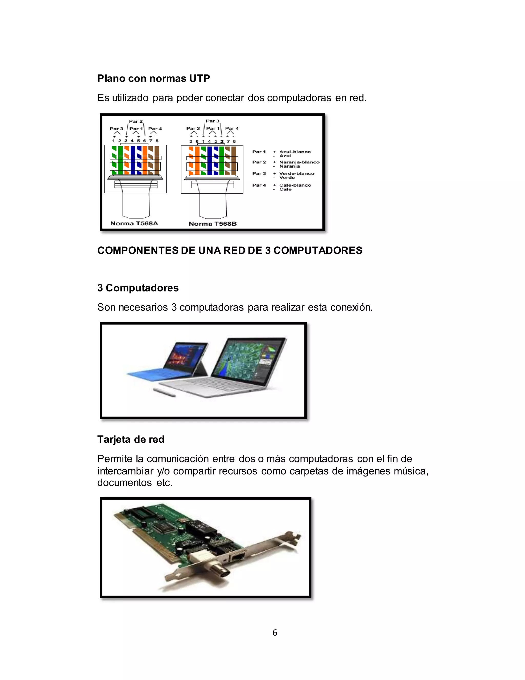 6
Plano con normas UTP
Es utilizado para poder conectar dos computadoras en red.
COMPONENTES DE UNA RED DE 3 COMPUTADORES
3 Computadores
Son necesarios 3 computadoras para realizar esta conexión.
Tarjeta de red
Permite la comunicación entre dos o más computadoras con el fin de
intercambiar y/o compartir recursos como carpetas de imágenes música,
documentos etc.
 