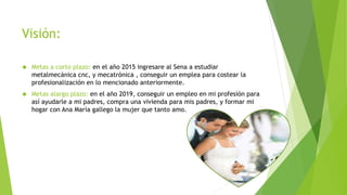 Visión: 
 Metas a corto plazo: en el año 2015 ingresare al Sena a estudiar 
metalmecánica cnc, y mecatrónica , conseguir ...
