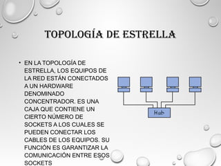 TOPOLOGÍA DE ESTRELLA
• EN LA TOPOLOGÍA DE
ESTRELLA, LOS EQUIPOS DE
LA RED ESTÁN CONECTADOS
A UN HARDWARE
DENOMINADO
CONCENTRADOR. ES UNA
CAJA QUE CONTIENE UN
CIERTO NÚMERO DE
SOCKETS A LOS CUALES SE
PUEDEN CONECTAR LOS
CABLES DE LOS EQUIPOS. SU
FUNCIÓN ES GARANTIZAR LA
COMUNICACIÓN ENTRE ESOS
SOCKETS
 