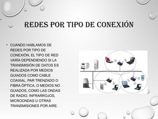 REDES POR TIPO DE CONEXIÓN
• CUANDO HABLAMOS DE
REDES POR TIPO DE
CONEXIÓN, EL TIPO DE RED
VARÍA DEPENDIENDO SI LA
TRANSMISIÓN DE DATOS ES
REALIZADA POR MEDIOS
GUIADOS COMO CABLE
COAXIAL, PAR TRENZADO O
FIBRA ÓPTICA, O MEDIOS NO
GUIADOS, COMO LAS ONDAS
DE RADIO, INFRARROJOS,
MICROONDAS U OTRAS
TRANSMISIONES POR AIRE.
 
